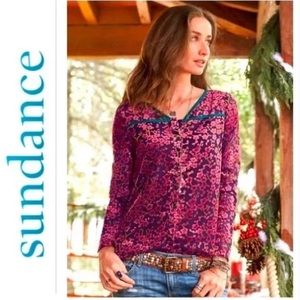 NWOT Sundance Sakura Blouse, Burnout Top in Berry with Teal Trim, XS